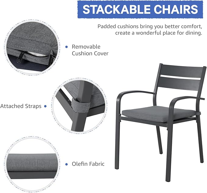 Soleil Jardin Outdoor Aluminum 4-Piece Patio Dining Chairs with Cushions, Stackable Bistro Chairs for Balcony, Garden, Backyard, Dark Grey Finish & Grey Cushion