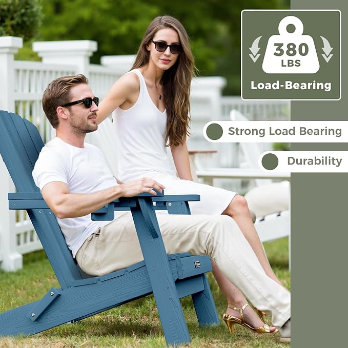 Folding Adirondack Chair Wood Texture 2 Pack, HDPE All-Weather Fire Pit Chairs, Plastic Adirondack Chairs with 2 Cup Holder, Outdoor Lawn Chair for Patio Garden (Navy Blue)