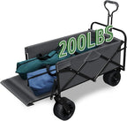 TAIFA Foldable Collapsible Wagons Cart with Extra Long Tailgate, Beach Portable Utility Wagon with Big Wheels and Brakes for Sand Shopping Camping Sports Outdoor, Black and Gray