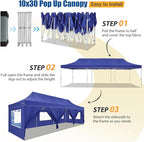 HOTEEL 10x30 Pop up Canopy Tent for Parties, Heavy Duty Easy Setup Tent with 8 Sidewalls, Outdoor Commercial Instant Gazebo for Wedding Event, with Portable Bag & Sand Bags, Dark Blue(Hexagonal Frame)