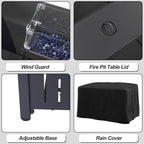 43 Inch Outdoor Propane Fire Pit Table 50,000 BTU, Rectangle Gas Fire Pit with Glass Wind Guard & Tempered Glass Top for Outside Patio & Backyard, Includes Rain Cover & Glass Beads
