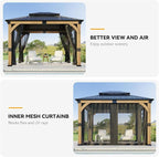 10x12 ft Cedar Wood Gazebo with Translucent roof, Hardtop Gazebo with Galvanized Steel Double Roof and Mosquito Netting, Heavy Duty Pavilion for Patio Lawn and Garden