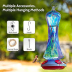 Hummingbird Feeder for Outdoors Hanging, Hand Blown Glass Hummingbird Present with Perch, Leak Proof, Never Fade, 4 Feeding Ports, 38 fl.oz, Include Hook, Ant Moat, Rope, Brush, Present for Garden