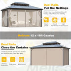 MELLCOM 12x16ft Outdoor Polycarbonate Double Hardtop Roof Gazebo, Aluminum Furniture Gazebo Canopy with Netting and Curtains for Garden, Patio, Lawns, Party and Deck