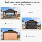PURPLE LEAF 11' X 13' Outdoor Hardtop Gazebo Patio Wide Aluminum Frame Galvanized Steel Double Roof with Heavy Duty Netting and Curtains for Permanent Hard Top Pavilion Screen,Khaki