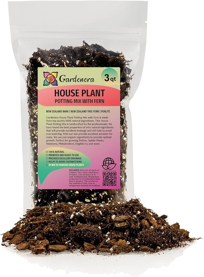 Premium Gardenera House Plant Potting Mix | Fern + New Zealand Bark + Perlite | Great for Pothos, Spider Plants, Montsera, Philodendron, English Ivy - 3 Quart Bag