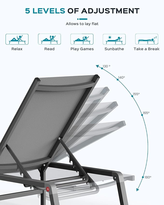 Patio Chaise Lounge Chair, Foldable Lounge Chair for Outside, Aluminum Chairs Set of 2 with 5 Adjustable Backrest, Outdoor Pool Lounger for Poolside, Lawn, Deck, Grey