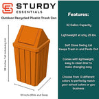 32 Gallon Square Slatted 100% Recycled Plastic Heavy Duty Outdoor Commercial Trash Can with Swing Top Lid | Great for Schools and Businesses - Orange
