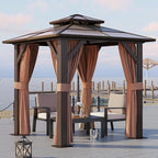 Aoxun 8'x 8' Hardtop Gazebo, Outdoor Polycarbonate Double Top Canopy, Aluminum Frame Gazebo with Netting and Curtains, Sunshade for Gardens, Patios, Lawns, Brown