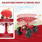 Rolling Garden Seat, Garden Cart with 360° Swivel Work Seat & Adjustable Height, Heavy Duty Garden Seat with Wheels for Lawn Yard Patio Greenhouse Planting Cleaning (Red)