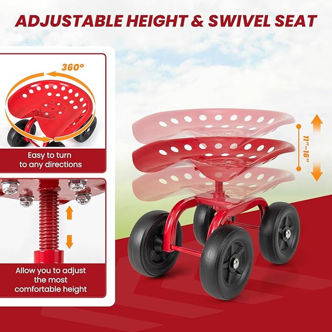 Rolling Garden Seat, Garden Cart with 360° Swivel Work Seat & Adjustable Height, Heavy Duty Garden Seat with Wheels for Lawn Yard Patio Greenhouse Planting Cleaning (Red)