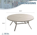 DIFY 59.8" Round Outdoor Patio Dining Table for 8-10, All-Weather Metal Steel Slatted Patio Table with 1.57" Adjustable Umbrella Hole, for Lawn Garden Porch Backyard, Sandshell