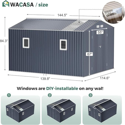 10x12 Metal Shed with Floor Frame Kit & Reinforced Construction - Translucent Roof Panels for Natural Light, Lockable Doors,Vents,Windows, Weatherproof Garden/Backyard/Patio Outdoor Storage