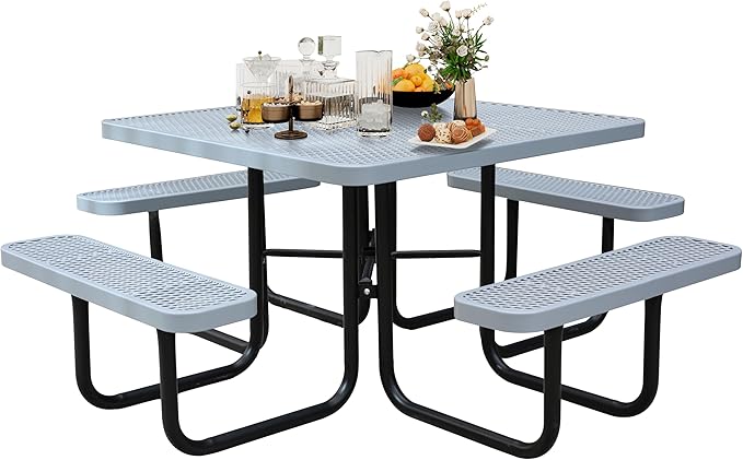 8-Person Picnic Tables for Outdoors, Industrial 46" Expanded Metal Square Picnic Table with 4 Benches & Umbrella Hole, Outside Table and Bench Set for Garden, Backyard, Porch, Patio, Grey