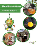 Nature Gear Hummingbird Feeder, Hanging-Mount Glass Hummingbird Feeders for Outdoors, Hand-Blown Glass Feeder with Ant Moat for Garden Hummingbirds, Easy to Clean & Rust Resistant, Emerald Green