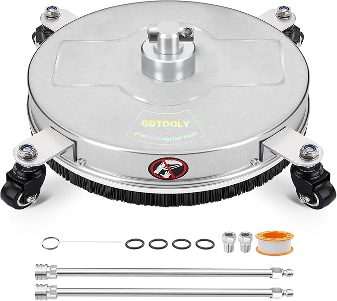 18" Pressure Washer Surface Cleaner with 4 Wheels, Stainless Steel Power Pressure Washer Attachment for Driveway Concrete Patio Cleaning, 2 Extension Wand Accessories, 1/4" Quick Connect, 4000PSI