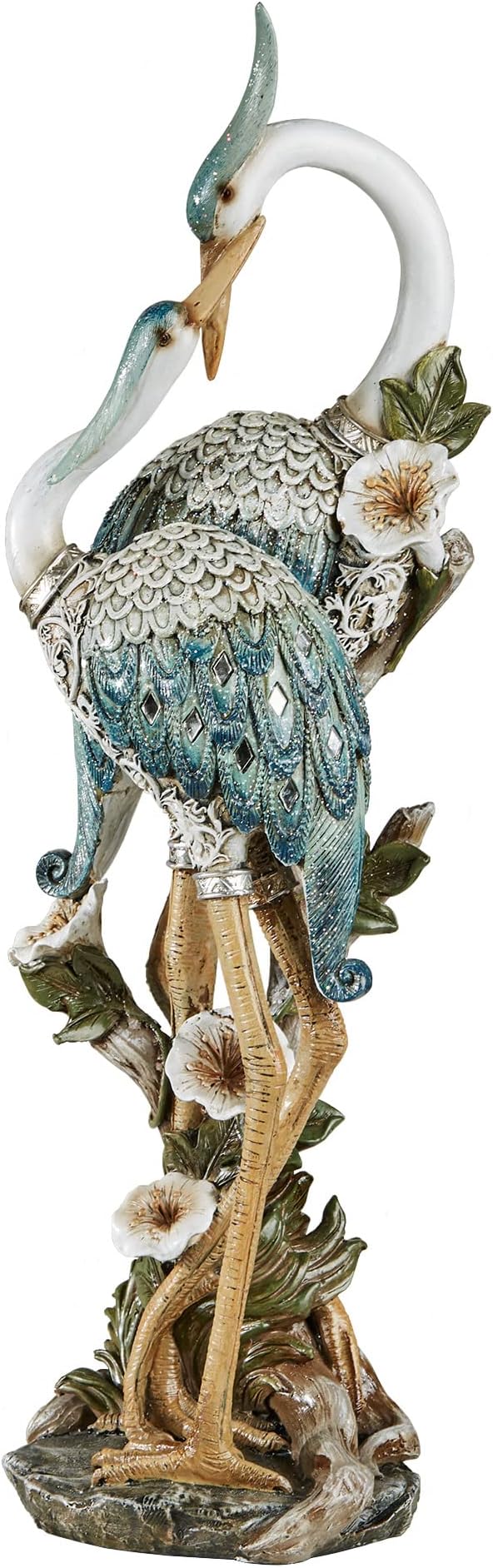 Devoted Cranes Table Sculpture Teal - Made of Resin Coastal Crane Shorebirds - Glitter Accents - Bird Statue - Flowers, Vining Leaves Base - Measures 5 Inches Wide, 16 Inches High
