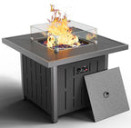 SERWALL 33" Outdoor Fire Pit Table, 50,000 BTU Square Propane Fire Pit Table with Lid, Glass Rock & Glass Wind Guard, HDPE Outdoor Furniture for Patio, Garden, Backyard, Black