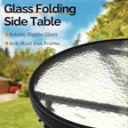 VINGLI Folding Glass Outdoor Side Table, 18 Inches Small Foldable Patio Bistro Table with Tempered Glass Table Top for Lawn & Garden, Balcony, Porch and Pool, Round