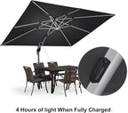 PURPLE LEAF 9' X 12' Solar Powered LED Rectangle Cantilever Umbrella With Base Patio Umbrellas Windproof Hanging Umbrella Outdoor Umbrellas, Grey