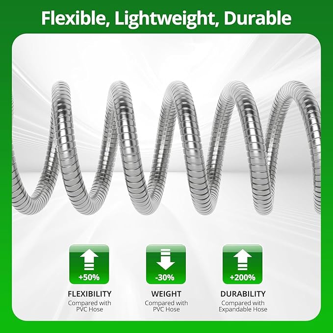 Stainless Steel Garden Hose 50FT with 10 Functione Nozzle, No Kink, Leak-Proof, Lightweight and Flexible Metal Garden Hose for Lawn, Car, RV, Outdoor Watering, Pet Bathing