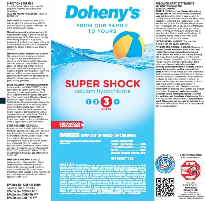 Doheny's Super Pool Shock | Pro-Grade Chlorine Shock, Quick-Dissolving, Fast-Acting 68% Cal-Hypo Granular Pool Shock | 24 x 1lb Bags, Proudly Made in The USA
