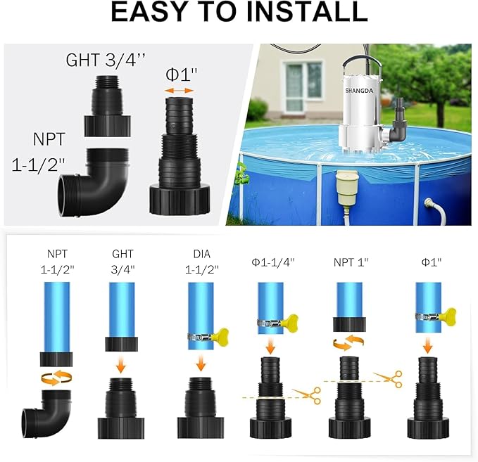 Sump Pump 1.6HP Submersible Water Pump 5500GPH Stainless Steel Electric Clean/Dirty Water Draining Transfer Pumps with Adapters for Pool Hot Tub Pond