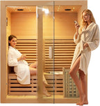 ZONEMEL Wooden Steam Sauna Room, 2-3 Person Canadian Hemlock Luxurious Indoor Sauna with 4.5 KW Harvia Stove Heater, WiFi Control, Sauna Stone, Wooden Bucket, Scoop, Reading Light, Hourglass, 220V
