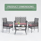 4-Piece Patio Furniture Set, Weather-Resistant Rattan Patio Conversation Set with Two-Tier Coffee Table, Upholstered Openwork Wicker Furniture for Porch, Garden, Lawn, Red