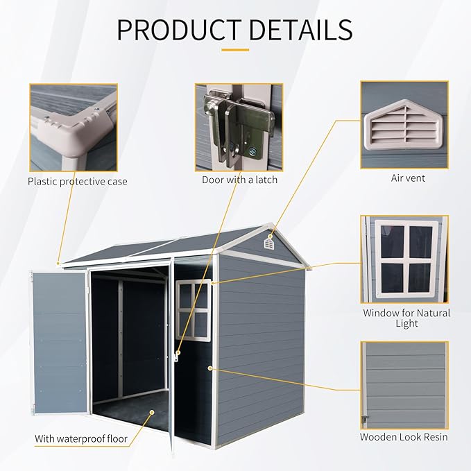 6x8ft Resin Outdoor Storage Shed with Floor, Two Windows & Lockable Door – Durable Weather-Shed for Backyard, Patio, Garage (Grey) (1 Doors)