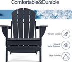 Folding Adirondack Chair, HDPE Outdoor Texture Lawn Chair with Reclining Back, Cup and Phone Holder - Comfortable Firepit Chair Weather Resistant for Patio or Backyard (Dark Black, Set of 4)