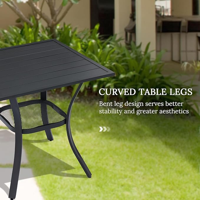 VICLLAX 3 Pieces Patio Dining Set Includes 28" Square Small Outdoor Table and 2 Patio Swivel Chairs for Lawn Garden, Black Tabletop and Blue Fabric