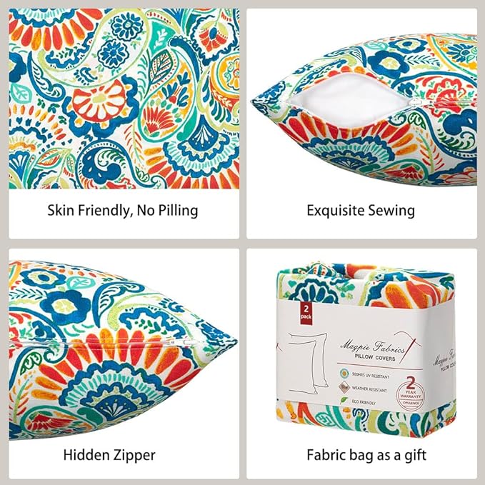 Magpie Fabrics Patio Pillow Covers ONLY 18"x18", Set of 2, Fade-Resistant Outdoor Indoor Cushion Cases Decorative Throw Pillowcase Shell for Couch Garden Furniture -Paisley Multi