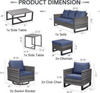 9 Piece Wicker Patio Furniture Set - Outdoor Swivel Rocker Chairs Set with Coffee Table, Rattan Chairs, 3 Seat Sofa & Ottomans, Patio Conversation Sets for Bcakyard Deck - Grey/Blue
