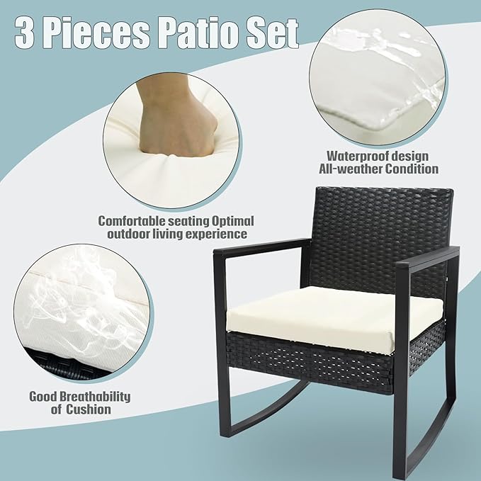 3 Pieces Outdoor Patio Set -Wicker Rattan Chair Conversation Set with Glass Table for Poolside Yard Rocking Chair Set for Bistro Garden Front Porch All Weather Patio Furniture Set