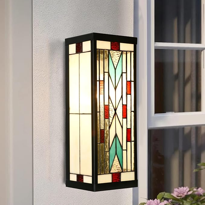 WL0004 Tiffany Style Rectangular Outdoor Wall Lights Stained Glass Corridor Wall Lamp Vintage Outdoor Balcony Aisle Hallway Wall Sconce Lighting,6" Wx 5.5" D x16 H, Bulb Included (Arrow)