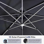 PURPLE LEAF 10 Feet Double Top Deluxe Solar Powered LED Square Patio Umbrella Offset Hanging Umbrella Outdoor Market Umbrella Garden Umbrella, Grey