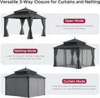 SUNJOY Kingston 12' x 12' Hardtop Gazebo with Galvanized Steel Double Roof, Curtain and Netting, Gray Aluminum Posts Permanent Pavilion Gazebo for Garden, Patio, Deck, Lawn