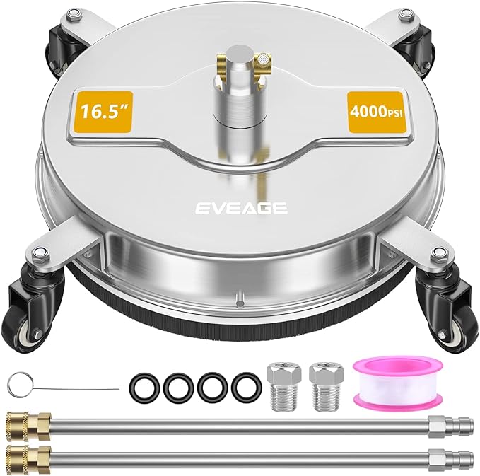 EVEAGE 16.5'' Pressure Washer Surface Cleaner, Power Washer Surface Cleaner with 2 Extension Wand, Stainless Steel Housing Power Washer Accessories with 2 Replacement Nozzles, 4000 PSI,EP001