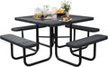 8-Person Picnic Tables for Outdoors, Industrial 46" Expanded Metal Square Picnic Table with 4 Benches & Umbrella Hole, Outside Table and Bench Set for Garden, Backyard, Porch, Patio, Black