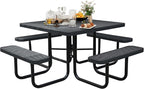 8-Person Picnic Tables for Outdoors, Industrial 46" Expanded Metal Square Picnic Table with 4 Benches & Umbrella Hole, Outside Table and Bench Set for Garden, Backyard, Porch, Patio, Black