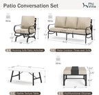 PHI VILLA 6 Piece Patio Furniture Sets with 1x 3-Seat Deep Seating Bench Sofa, 2 C-Base Sofa Chairs, 2 Metal Cushioned Ottoman and & 1 Coffee Table, Deluxe Outdoor Patio Set for 5-7 Person