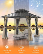 12' x 12' Hardtop Gazebo, Aluminum Frame Patio Hardtop Gazebos with Netting and Curtain, Outdoor Patio Pergola, Outdoor Patio Gazebo with Double Metal Roofs for Lawns, Garden, Deck, Sandstone