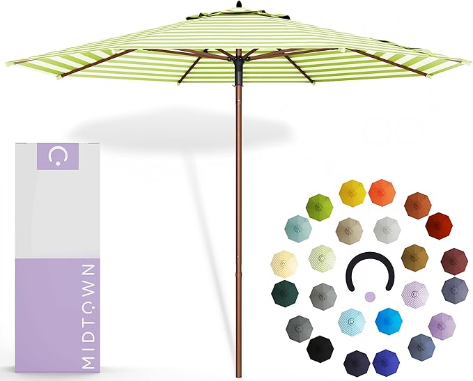 Midtown Umbrellas The Wooden 10 Feet Patio Umbrella With Terylast Pear Stripes (Light Green/White Stripes) Polyester Fabric - Aluminum Frame Market Umbrella For Backyard, Deck, Garden, Pool - Wooden Pole