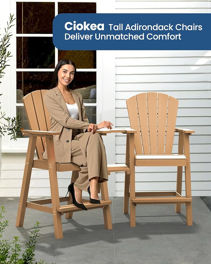Ciokea Tall Adirondack Chairs Set of 4, HDPE Outdoor Adirondack Bar Stools with Double Connecting Tray, Weather Resistant High Back Adirondack Balcony Chairs for Deck, Lawn, Pool, Backyard, Teak