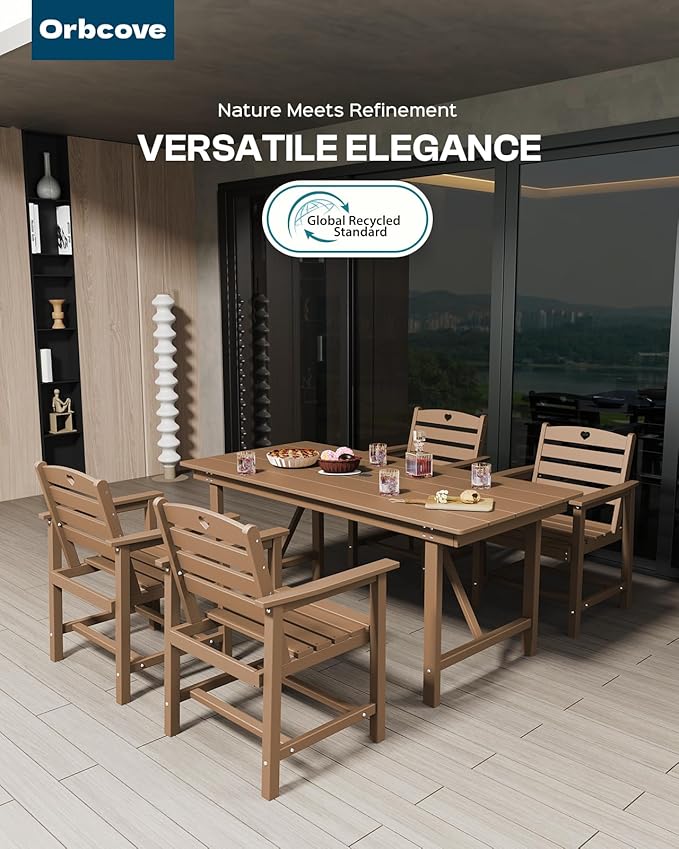 Patio Table and Chairs Set with Umbrella Hole, HDPE Patio Dining Set for 6, Outdoor Dining Set for Lawn, Patio, Porch, Deck, Poolside, Yard (Teak, 7-Piece)