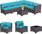 Outdoor Patio Furniture Set, 7 Pieces Outdoor Furniture All Weather Patio Sectional Sofa PE Wicker Modular Conversation Sets with Coffee Table,6 Chairs & Seat Clips(Turquoise Blue)