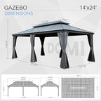 Domi 14x24FT Outdoor Gazebo, Hardtop Gazebo with Galvanized Steel Double Roof, Metal Gazebos with Drainage System Patio Pergola for Patio Deck Backyard,Curtain and Netting,Gray