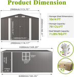 10x14 FT Large Outdoor Storage Shed,Durable Metal Garden Shed with Three Lockable Doors and Two Windows,Waterproof Tool Shed for Backyard Patio,All-Weather Shelter for Bike,Lawn Mowers,Grey