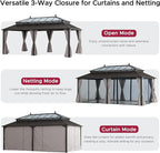 SUNJOY Kingston 20' x 12' Hardtop Gazebo with Galvanized Steel/Polycarbonate Double Roof, Curtain and Netting, Brown Aluminum Posts Permanent Pavilion Gazebo for Garden, Patio, Deck, Lawn